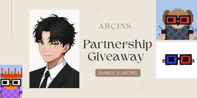 A promotional graphic for an 'ARCINS Partnership Giveaway' featuring an anime-style character illustration and pixel art icons, subtitled 'KAMRUL X ARCINS'.