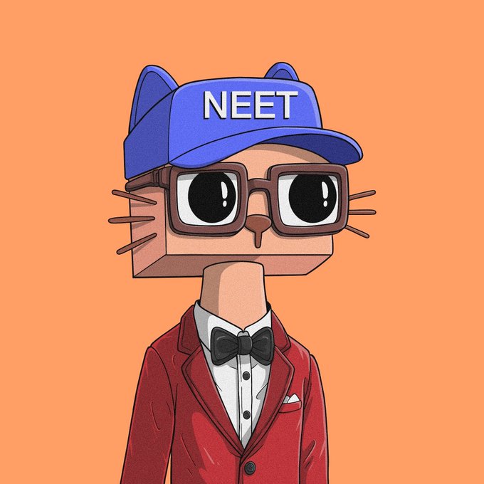 A cartoon illustration of a cat wearing a blue cap with 'NEET' written on it, large square glasses, and a red suit jacket with a black bow tie against an orange background.