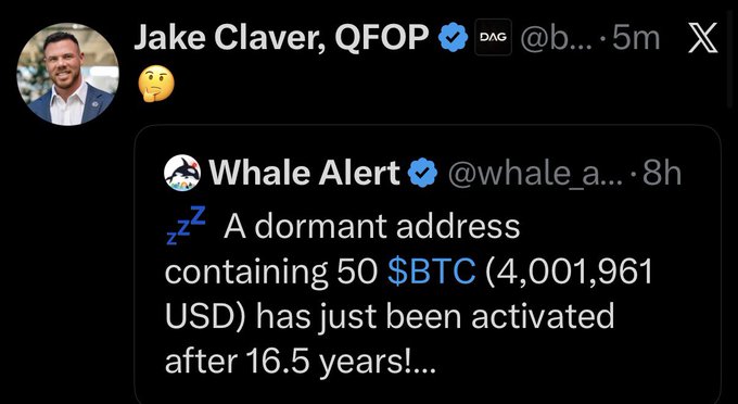 Jake Claver (@b...) quote-tweets a Whale Alert notification about a dormant Bitcoin address containing 50 BTC ($4,001,961) being activated after 16.5 years, responding with a thinking emoji and "I think our rocket might be ready to launch!!!🤯 🔥🚀 $XRP"—suggesting he sees the long-dormant BTC movement as a bullish signal for XRP's price.