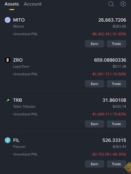 An 'Assets' screen from a digital wallet showing negative unrealized PNL values for cryptocurrency holdings including MITO, ZRO, TRB, and FIL.