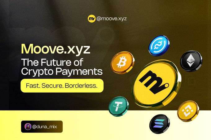 The image is a banner for a cryptocurrency exchange called MooveXZ. It shows a variety of symbols, including different types of coins represented by colored circles or icons against a black background. These symbols are associated with various cryptocurrencies such as Bitcoin and Etherum, showing their diverse nature on the platform. The post explains that all you need is to use their interface to easily transfer, send, receive, and even swap any cryptocurrency of your choice. To access this service, you can follow the instructions provided below the image.