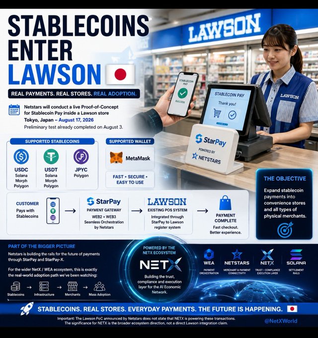 Promotional graphic announcing 'Stablecoins Enter Lawson' in Japan, detailing a Netstars Proof-of-Concept in a Lawson store starting August 17, 2026, supporting USDC (Solana/Morph/Polygon), USDT (Solana/Morph/Polygon), JPYC, and MetaMask via StarPay powered by NetX.