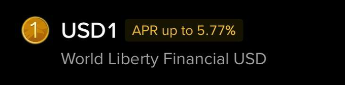The image displays a Binance listing for USD1 (World Liberty Financial USD) featuring a gold coin icon and a highlighted "APR up to 5.77%" badge, visually promoting the yield opportunity mentioned in the post.
