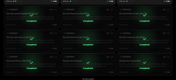 The image shows a computer screen displaying nine green checkmarks arranged vertically, each one representing a completed task. The text "Complete" is written above the checkmarks, indicating that all tasks have been successfully finished. The image also contains some text about an old body of work and airdrop options for @axisrobotics and @BitRobotNetwork projects.