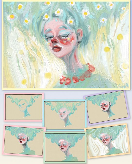 A dreamy, impressionistic painting of a serene woman with flowing teal hair, surrounded by daisies and adorned with a strawberry necklace, accompanied by several smaller iteration sketches that showcase the creative process. The artwork, titled "She Is Spring," reflects the post's theme, being offered on Tezos' objkt marketplace for 1.5 XTZ.