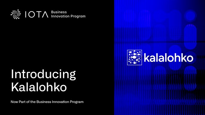The image shows a promotional poster for a new business innovation program called "Introducing Kalalohko". The poster features two side by side sections, with one section showing a blue background and the other showcasing a black background. The title of the poster is clearly written in white text above the sections, stating that this program will be launched soon and offers support from IOTA's business innovation program. There are also details about an industry where Kalalohko will be implemented, such as seafood processing.