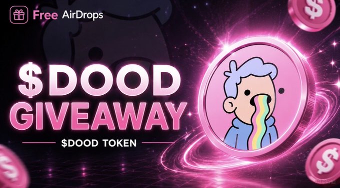 A promotional graphic for a "$DOOD GIVEAWAY" featuring a pink cartoon character vomiting a rainbow alongside "$DOOD TOKEN" text, with "Free AirDrops" branding in the corner, advertising the $DOOD airdrop event mentioned in the post.