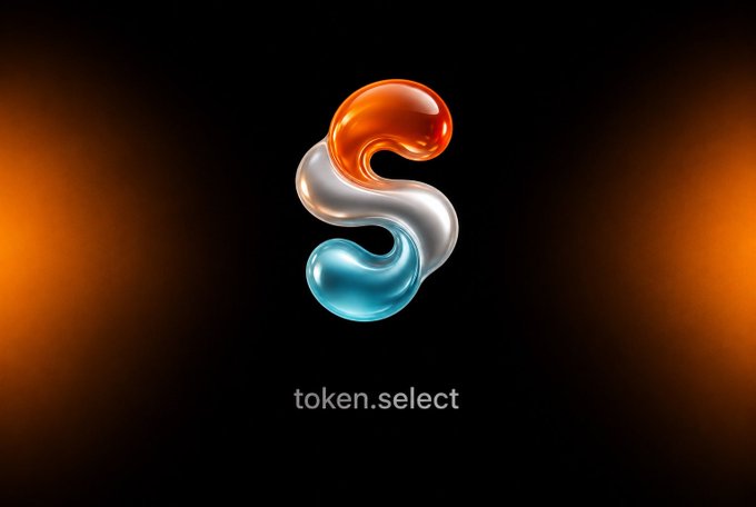 A 3D glossy 'S' logo in orange, white, and blue colors is displayed above the text 'token.select' against a dark background.