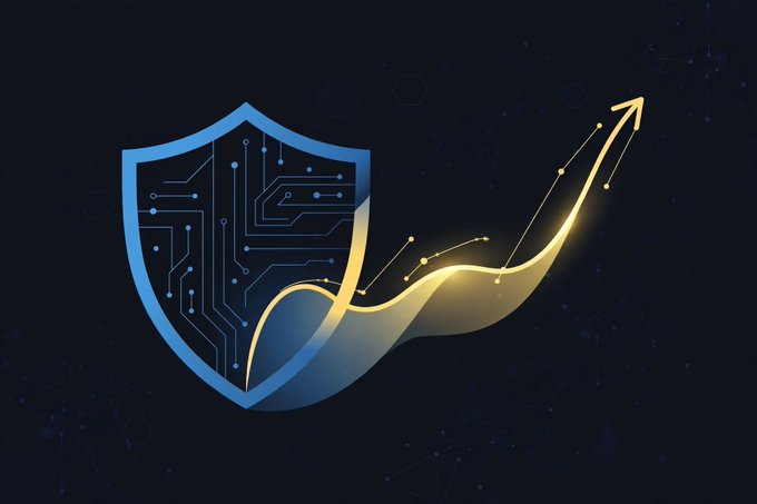 A digital graphic showing a blue circuit board shield with a golden upward-trending arrow superimposed on a dark blue background.