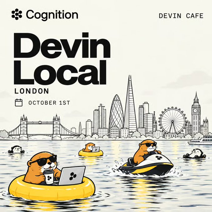 Promotional poster for 'Devin Local London' by Cognition, dated October 1st, featuring cartoon otters using laptops and riding jet skis in front of the London skyline.