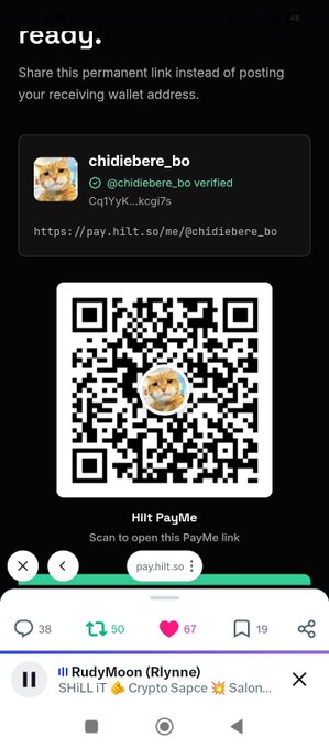 A mobile screen displays a PayMe link shared on a social platform, showing a QR code with a cat profile picture for the verified user 'chidiebere_bo' with the address 'CqTYyK...kcgj7s' and instructions to 'Hit PayMe'.