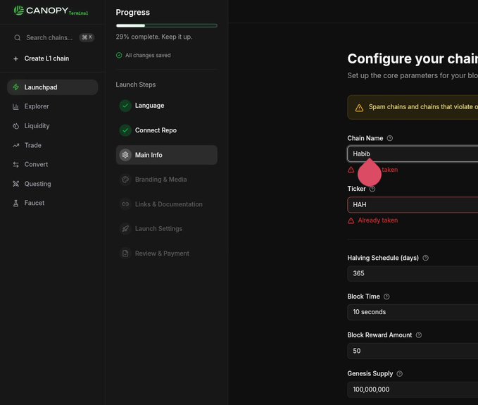 A Canopy Terminal interface showing blockchain configuration settings for a chain named 'Habib' (noted as taken) with ticker 'HAH' (already taken), featuring 25% progress and launch steps including Language and Connect Repo.