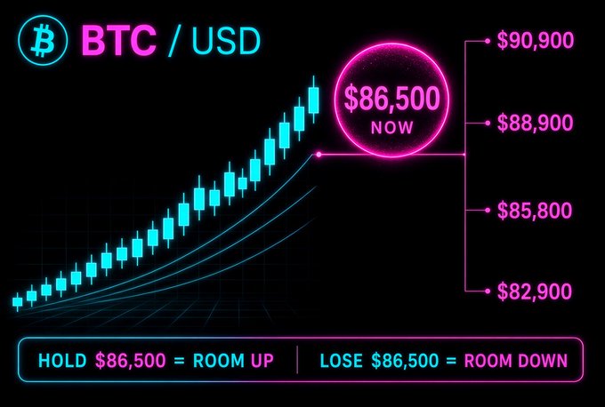 A neon-styled Bitcoin (BTC/USD) price chart showing a current price of $86,500 with potential price levels of $90,900, $88,900, $85,800, and $82,900, with text reading 'HOLD $86,500 = ROOM UP | LOSE $86,500 = ROOM DOWN'.