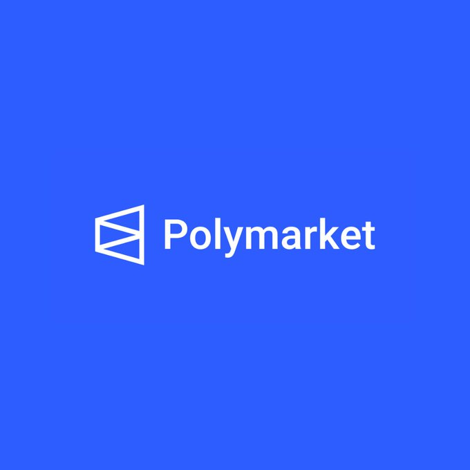 The image displays the Polymarket logo on a blue background, featuring a white geometric icon alongside the "Polymarket" name. It accompanies news of the prediction market platform appointing former Amazon finance chief Warren Jenson as its first CFO.