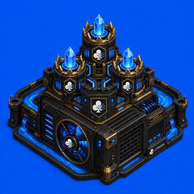 A sleek black-and-gold crypto mining structure featuring glowing blue crystal spires and prominent "LITENASH" branding, representing the Moat Monarch Miner airdropped to top participants in the $LITE/$hCASH liquidity pool on Moats app.