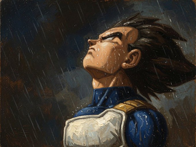 A dramatic painting depicts Vegeta in the rain, looking upwards with intensity, mirroring the post's prediction of $ETH's rise and the admonition not to be sidelined.