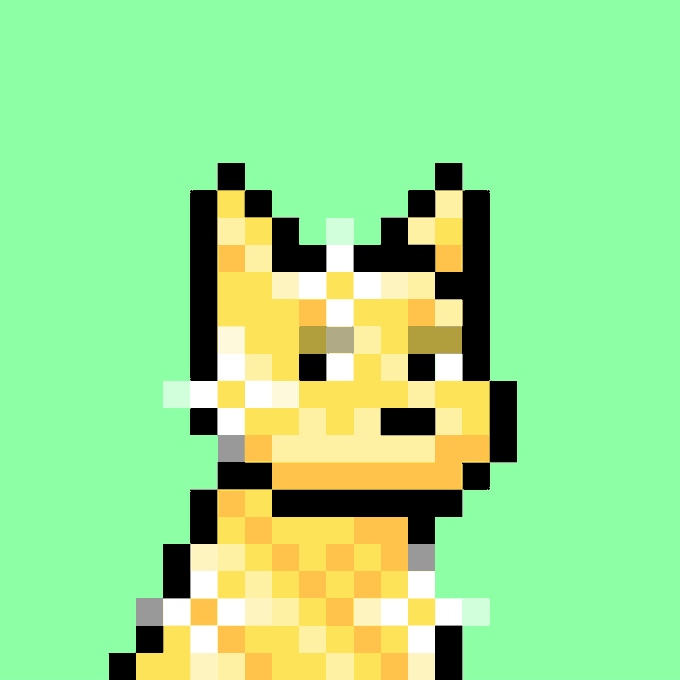 A pixel art illustration of a yellow and orange dog character with pointed ears set against a bright green background.