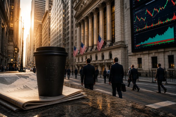 A stylized image of a black coffee cup with a Bitcoin logo sitting on a newspaper, set against a financial district backdrop with stock market charts displayed on a building.