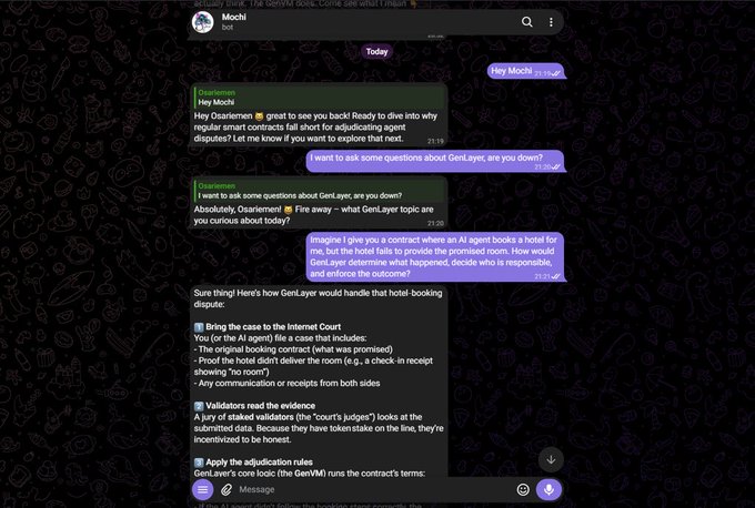 A Telegram chat screenshot shows a conversation with the Genius bot regarding a hotel booking dispute, explaining the steps to file a case with the Internet Court.