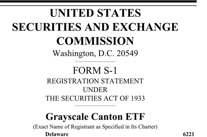 The image shows a white background with black text that reads "United States Securities and Exchange Commission Form S-1 Registration statement under the Securities Act of 1933". The text also includes the names of two individuals, Grayscale Canton EFT and Delaware.