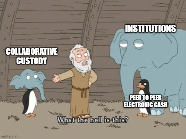A meme image using elephants and penguins to humorously depict elements of Bitcoin/cryptocurrency, labeling them as 'COLLABORATIVE CUSTODY', 'INSTITUTIONS', and 'PEER TO PEER ELECTRONIC CASH'.