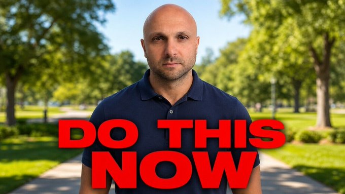 A bald man in a navy polo shirt stands in a park with a serious expression, overlaid with bold red text reading "DO THIS NOW." The urgent caption and intense imagery align with the post's urgent call to action holding $XRP despite retail selling, suggesting major institutional buying opportunities.