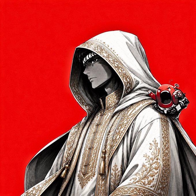The image features a man wearing a white robe with gold trim, standing against a red background. He has a hooded cape over his head and a red object attached to his back. The caption below the image reads "Alright 5 solana wallets." This suggests that there is some sort of online marketplace or digital wallet service related to the phrase "solana" in the image description.

The man's attire, combined with the red background and the presence of the red object on his back, creates a visually striking scene. The caption provides context for what the image might be referring to, tying it together with the online marketplace or digital wallet service.