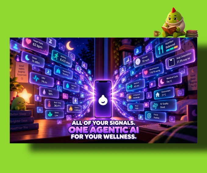 A promotional graphic for an AI wellness app with the text 'ALL OF YOUR SIGNALS, ONE AGENTIC AI FOR YOUR WELLNESS,' showing health metrics like heart rate, sleep, and nutrition on a purple background, with a small mascot reading a book in the corner.