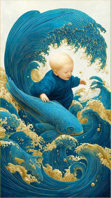 Illustration of a sleeping blonde toddler in a blue robe riding a large blue koi fish atop a curling, Hokusai-inspired wave with gold-flecked crests.