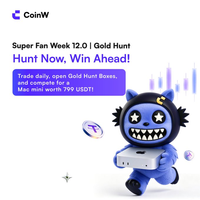 A CoinW promotional banner for "Super Fan Week 12.0 | Gold Hunt" featuring a blue cat mascot in a black hoodie holding a Mac mini, with text promoting the chance to win a Mac mini worth 799 USDT through daily trading and Gold Hunt Boxes. The image visually reinforces the post's key prizes, including the Mac mini lucky draw, while the mascot clutches the featured prize amid floating crypto coins and candlestick charts.