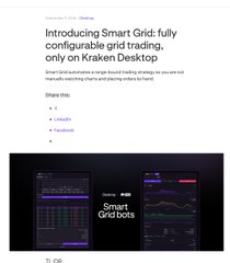 A webpage article titled 'Introducing Smart Grid: fully configurable grid trading, only on Kraken Desktop' with a headline about grid bots on Kraken.