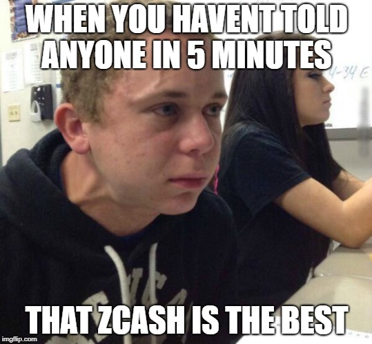 Meme image with the text 'WHEN YOU HAVEN'T TOLD ANYONE IN 5 MINUTES' at the top and 'THAT ZCASH IS THE BEST' at the bottom, showing a nervous-looking young man.