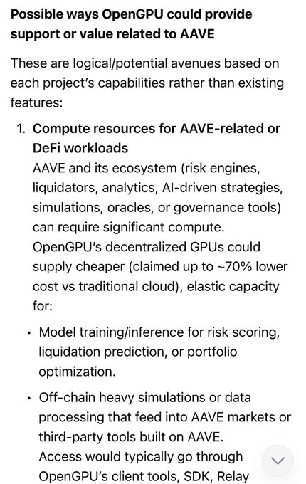 A text document titled 'Possible ways OpenGPU could provide support or value related to AAVE' detailing compute resources for DeFi workloads, including AI model training and off-chain simulations.