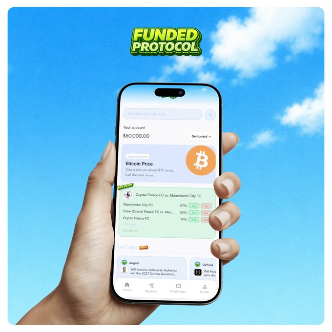 Promotional image for Funded Protocol showing a hand holding a smartphone displaying the app with a $50,000 account balance, Bitcoin Price prediction markets, and sports event betting options including Crystal Palace FC vs Manchester City FC.