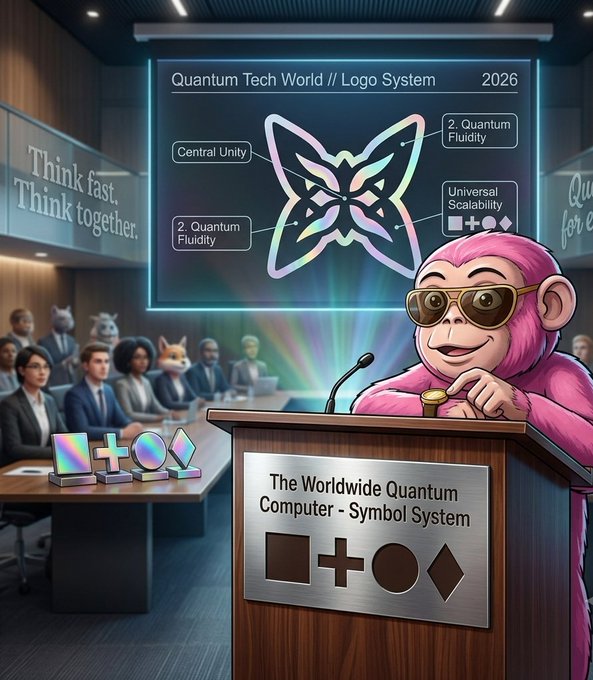 A pink cartoon monkey wearing sunglasses presents at a podium labeled "The Worldwide Quantum Computer - Symbol System," standing before a large screen displaying the "Quantum Tech World // Logo System 2026" with annotations like "Central Unity," "2. Quantum Fluidity," and "Universal Scalability." The image humorously ties to the post's discussion of QUIP Network's practical approach to quantum security, visually framing it as an accessible, user-experience-driven solution rather than an abstract concept.