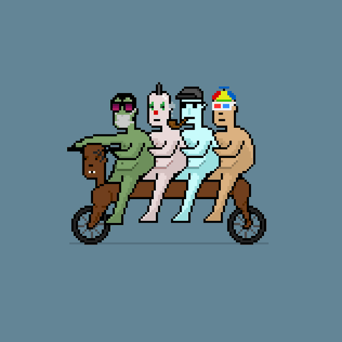 A pixel-art illustration shows four colorful CryptoPunks characters riding together on a tandem bicycle against a gray background, matching the post's description of "CryptoPunksOnQuadTandemBikeTysonPunks" with each punk sporting distinct features like sunglasses, a red nose, a headband, and a multicolored mohawk.