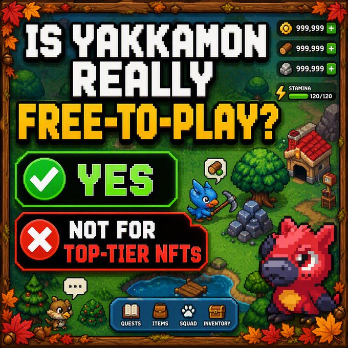 Promotional graphic for a pixel-art game titled 'YAKKAMON' asking 'IS YAKKAMON REALLY FREE-TO-PLAY?' with answers 'YES' and 'NOT FOR TOP-TIER NFTS', showing in-game resources at 999,999 and stamina at 120/120.