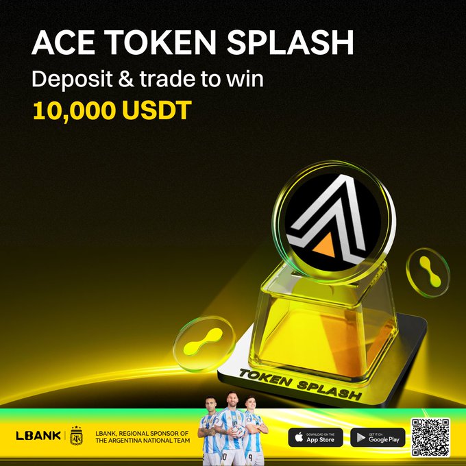 A promotional advertisement for LBank's "ACE Token Splash" campaign, featuring a large gold trophy-like cube displaying the ACE token logo with floating coin graphics, alongside Argentina national team players and LBank branding. The ad highlights a 10,000 USDT prize pool for users who deposit and trade the $ACE token, matching the accompanying post's details about earning rewards through spot trading.