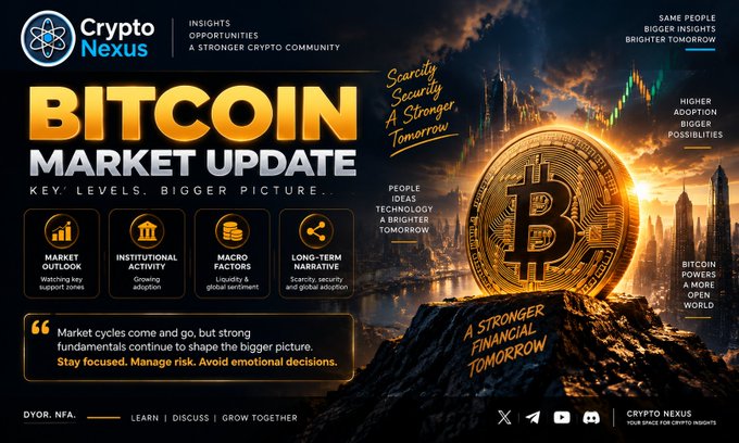 A Crypto Nexus 'Bitcoin Market Update' graphic highlighting market outlook, institutional activity, macro factors, and long-term narrative, featuring a large golden Bitcoin coin on a mountain with the quote: 'Market cycles come and go, but strong fundamentals continue to shape the bigger picture. Stay focused. Manage risk. Avoid emotional decisions.'