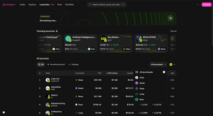The image shows the Uniswap "Launches" page, displaying "Trending launches" including "Turbo on Robinhood" on the "Pons" launchpad. This visually confirms the integration and usage of Pons as a launchpad for new tokens on Uniswap.