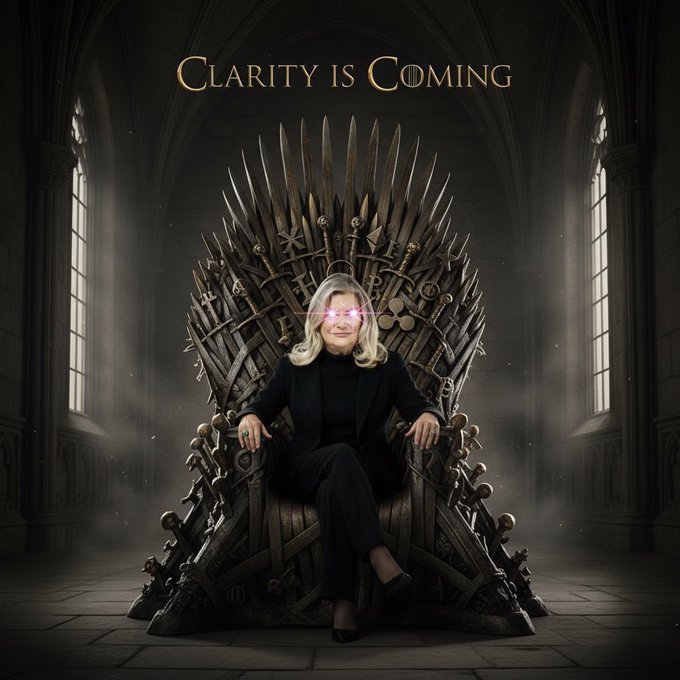 An image styled like Game of Thrones, showing a blonde woman with glowing pink glasses sitting on the Iron Throne, with the text 'CLARITY IS COMING' displayed above her.