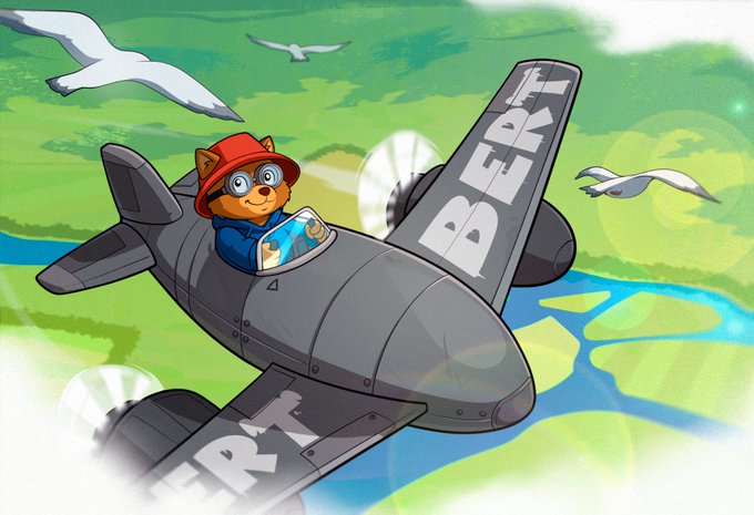 An animated illustration shows a cat wearing a red hat and blue jacket piloting a gray airplane with 'BSKT' and 'BERT' written on the wings, flying over green fields and water with seagulls nearby.