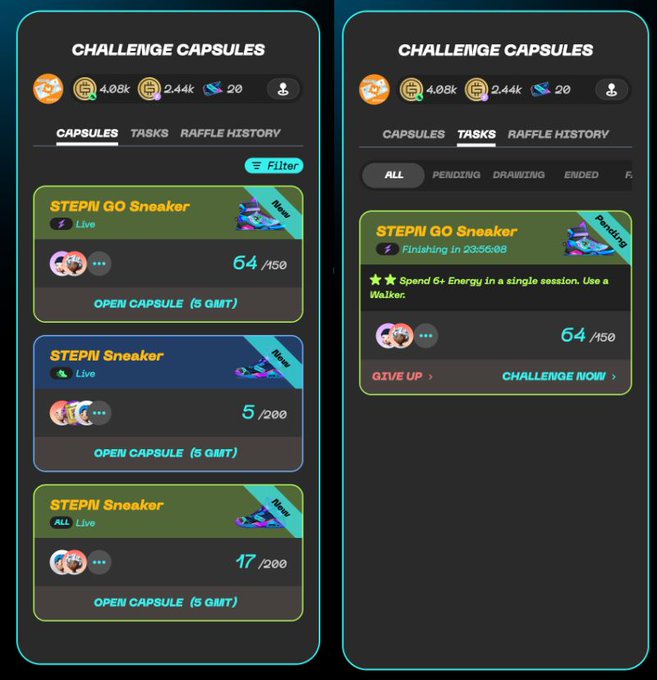 The image shows two different screens of a mobile device, both displaying information about a game called "Stepn Go Sneaker". The first screen has a list of tasks that need to be completed for the game, while the second screen displays the current status of the game with details such as the number of points and the player's name.

The post is titled "チャレンジカプセルBetaテストが始まりましたね GO用のタスクがありました。 GO用タスクを選択してみましたが条件が分かりづらいですね... 「アンコwalkerで6エナ以上／セッション」 ということ", which is a description of the game and its features.