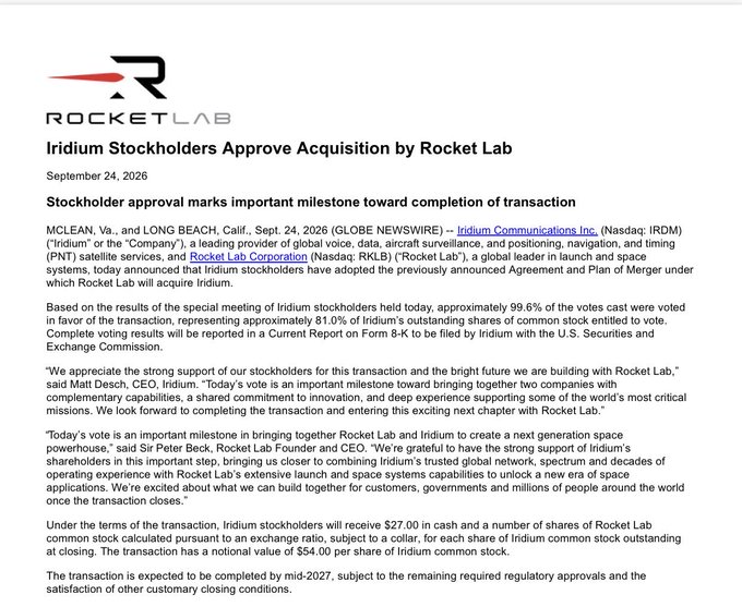 A press release from Rocket Lab announcing that Iridium stockholders approved the acquisition by Rocket Lab, dated September 24, 2026, with ~99.6% voting in favor.