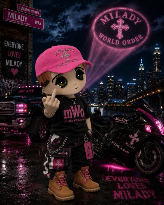 An animated chibi character wearing a pink 'Milady World Order' cap and black 'mWo' shirt, flipping the middle finger against a city nightscape with a pink neon Milady logo and motorcycle.