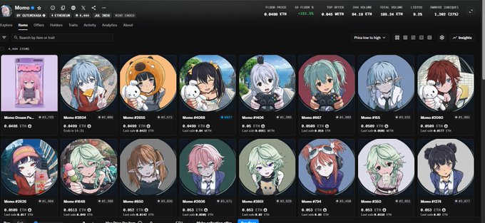 A screenshot of the MOMO NFT marketplace displays a user's collection of NFT cards, primarily featuring anime-style characters with various price tags (e.g., Momo #3524, Momo #1611) and ETH values visible beneath each item. The interface aligns with the poster's experience of revealing their MOMO NFTs after minting, showing the wallet's contents being processed through the reveal mechanic.