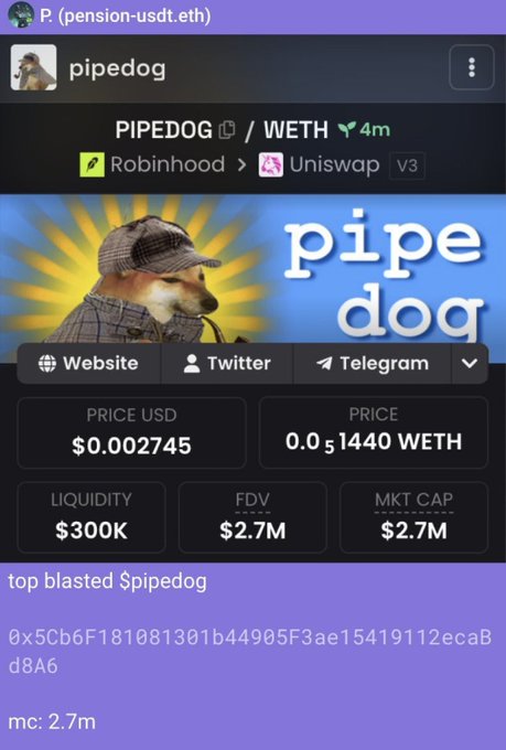 The image displays a crypto tracking page for the token "PIPEDOG" (PIPEDOG/WETH) on Uniswap v3, showing a price of $0.002745, liquidity of $300K, FDV of $2.7M, and a market cap of $2.7M, alongside a Shiba Inu character graphic. This relates to the post's mention of "$pipedog at $2.7M," referencing the trader's earlier call where the token later reached $70 million in market cap.