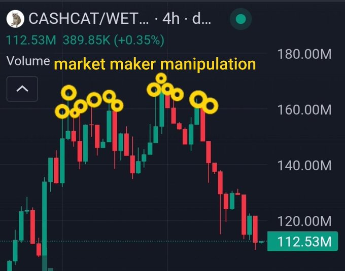 A 4h candlestick chart for $CASHCAT/WET shows the token's market cap peaking around $170M before sharply declining to $112.53M (down 0.35%), with yellow circles highlighting repeated price rejections at the ~$170M level labeled as "market maker manipulation"—visually illustrating the user's frustration that the market maker slammed the price down approximately 13 times during attempts to break the all-time high.