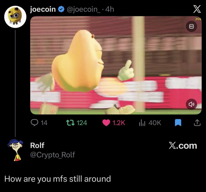 The image shows a tweet from @joecoin featuring a humorous GIF of a yellow cartoon character giving a thumbs-up while appearing to run, with engagement metrics of 14 replies, 124 reposts, 1.2K likes, and 40K views, followed by a quote reply from @Crypto_Rolf saying "How are you mfs still around." This contrasts Joe's viral reach and engagement (billions of views from original ETH $joe community content) with a skeptic's disbelief, highlighting how the meme coin's cultural impact persists despite doubters questioning its longevity.