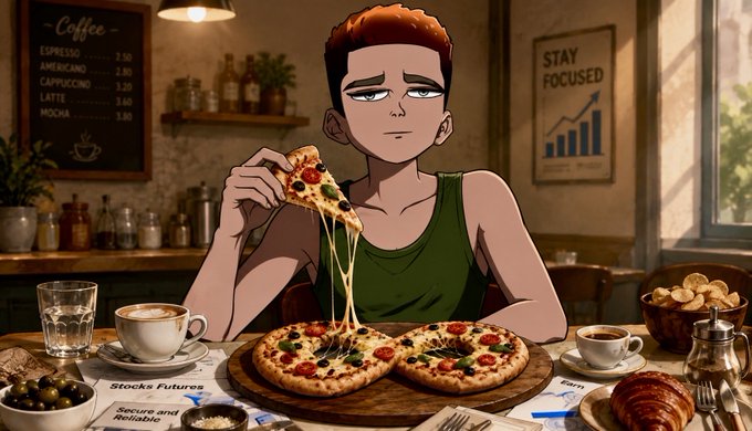 iced coffee, croissant, and pizza are served on a table with a cartoon character holding a slice of pizza.